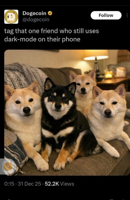 A Dogecoin (@dogecoin) social media post reads 'tag that one friend who still uses dark-mode on their phone' above a photo of four Shiba Inu dogs sitting on a couch.