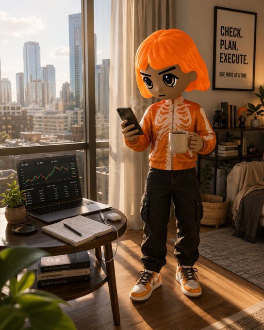 A stylized 3D character with orange hair and a skeleton-patterned orange jacket stands by a window overlooking a city, holding a phone and coffee mug. A laptop displays a stock chart, and a framed wall art reads "CHECK. PLAN. EXECUTE. ONE MOVE AT A TIME."