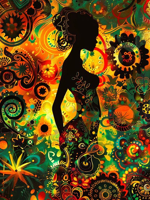 A colorful psychedelic artwork features a black silhouette of a woman surrounded by vibrant orange, green, and yellow floral and spiral patterns.