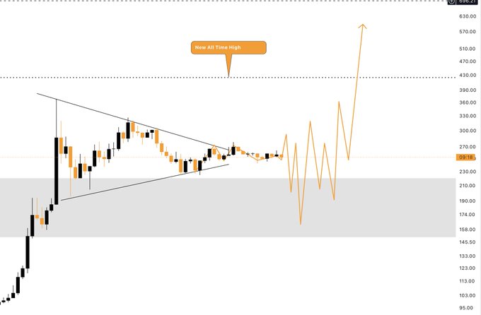 A financial chart showing price action with a symmetrical triangle pattern, a 'New All Time High' annotation, and price levels ranging from around 95 to 630.