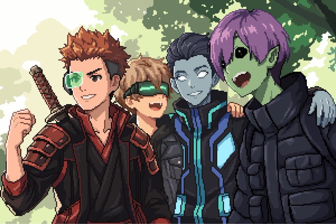 A pixel art group portrait featuring four characters—a swordsman with an eyepatch, a cheerful figure with goggles, a blue-skinned individual, and a green-skinned alien—serves as a stylized visual representation of the four investors (@QuinnOnChain, @DtoTheReyes, @daddymellons, and @VincentPen07) backing Pixona V2. The image personalizes the announcement by giving each backer an artistic avatar that complements the pixel-style crypto theme of the project.