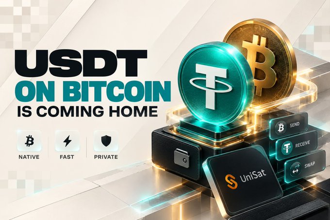 A promotional graphic reads 'USDT ON BITCOIN IS COMING HOME' alongside icons labeled 'NATIVE', 'FAST', and 'PRIVATE', featuring 3D renderings of Bitcoin and Tether coins with UniSat wallet interface elements.