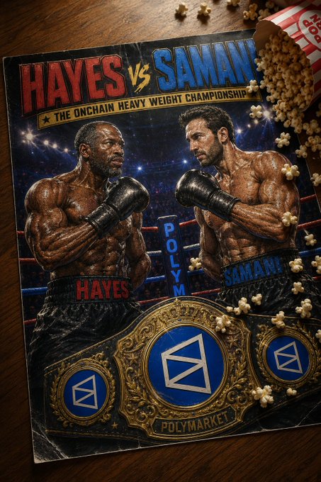 The image features a poster for a boxing match between two boxers named Hayes and Samanha. The poster has a black background with white text, and there are popcorn scattered around the edges of the poster. The poster also includes an advertisement for Polymarket, which is likely related to the boxing event.
