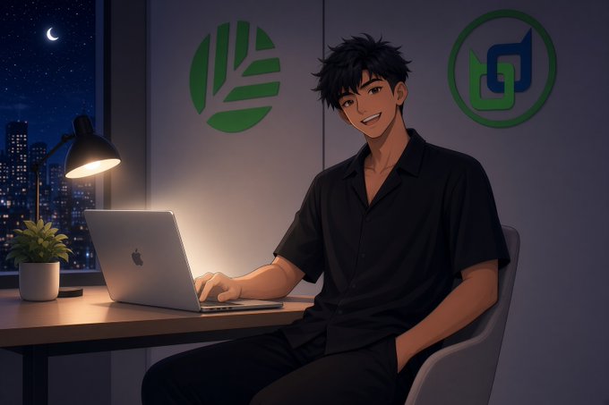 An anime-style illustration of a smiling young man with dark hair sitting at a desk with a laptop, wearing a black shirt, with a city skyline at night visible through the window behind him.