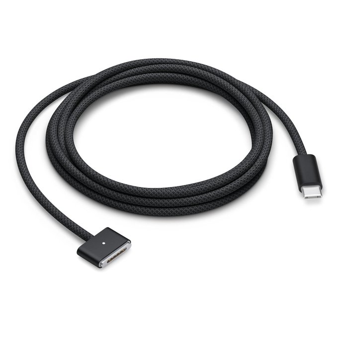 A coiled black braided USB-C cable with a magnetic connector tip, shown on a white background.