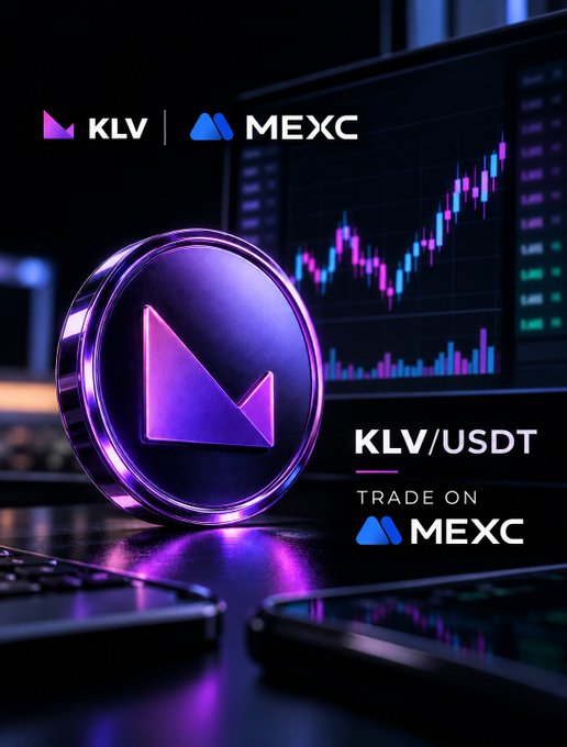 A promotional graphic displays a glowing purple KLV coin with the text 'KLV | MEXC' and 'KLV/USDT TRADE ON MEXC' against a backdrop of candlestick trading charts.