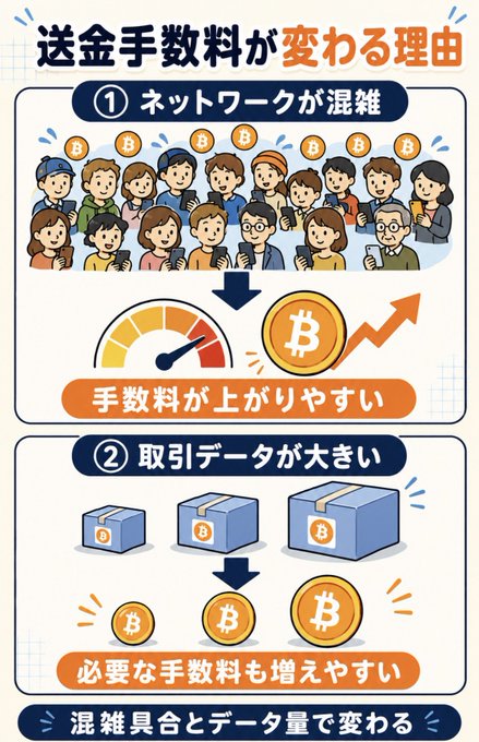 A Japanese-language infographic titled '送金手数料が変わる理由' (Reasons why transfer fees change), explaining two factors: ① ネットワークが混雑 (network congestion) raising fees, and ② 取引データーが大きい (large transaction data) increasing necessary fees, concluding 混雑具合とデータ量で変わる (varies with congestion and data size).