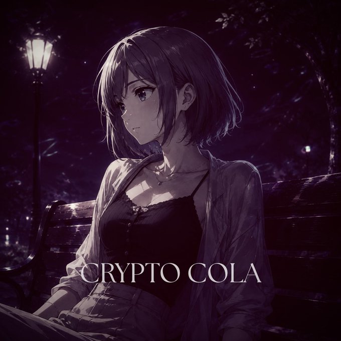 An anime-style illustration of a girl with short dark hair sitting on a bench at night, with the text 'CRYPTO COLA' displayed across the bottom.