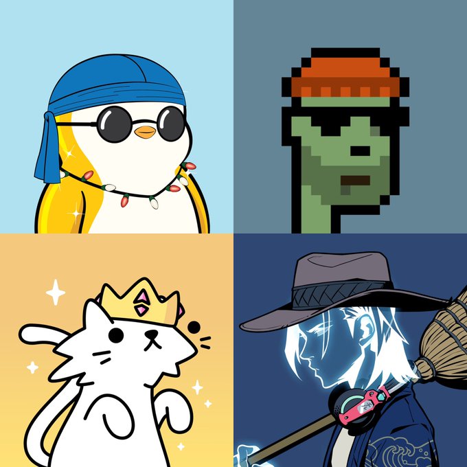 A four-panel illustration showing stylized characters: a penguin with sunglasses and bandana, a pixel-art green character, a white cat with a crown, and a wizard-like character with a hat and broom.
