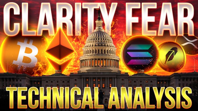 A YouTube thumbnail titled "CLARITY FEAR Technical Analysis" features the U.S. Capitol building engulfed in flames, surrounded by crypto coin logos including Bitcoin (₿), Ethereum, Solana, and Robinhood, tying into the accompanying post about technical analysis for $ETH, $BTC, $SOL, and $HOOD.