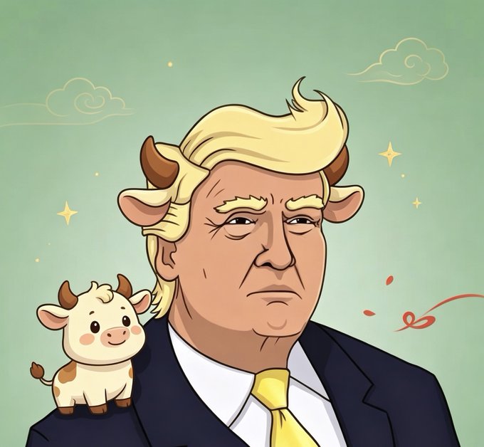 A cartoon illustration of Donald Trump depicted with blonde horns, a pig-like nose, and a small cartoon cow perched on his shoulder against a light green background.