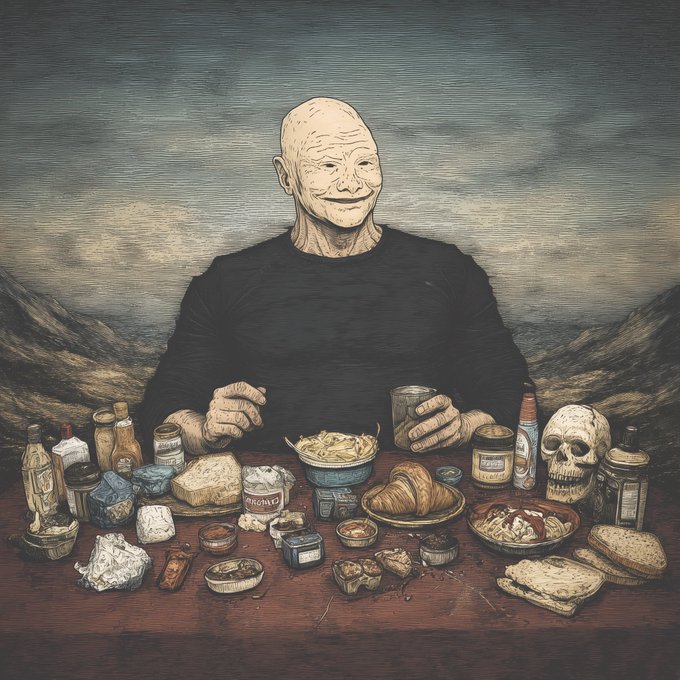 A stylized illustration of a smiling, bald man in a black shirt sitting at a table laden with an assortment of foods, bottles, and a skull, set against a moody, painted landscape background.