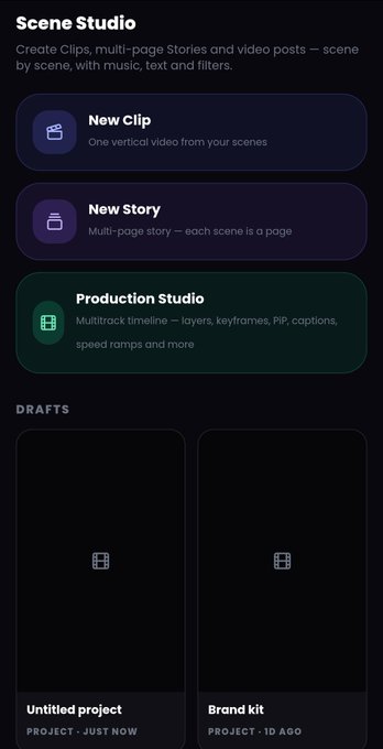 The screenshot shows the "Scene Studio" where users can create "New Clip," "New Story," or use "Production Studio" for video editing, directly aligning with the post's message of creating and publishing content on Snipverse 3.0.