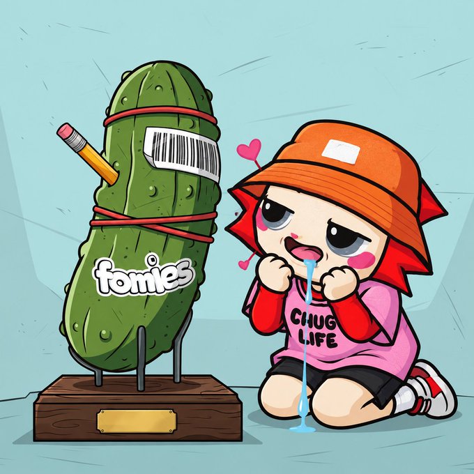 A digital illustration of an anthropomorphic red-haired character drooling while looking at a tied-up green cactus labeled 'fomies' that has a pencil and a cigarette in it.