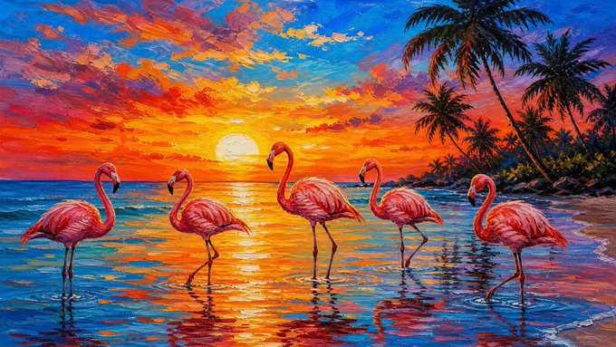 A vibrant painting depicts five pink flamingos wading in tropical waters at sunset, with silhouettes of palm trees on the right and a colorful orange and blue sky.