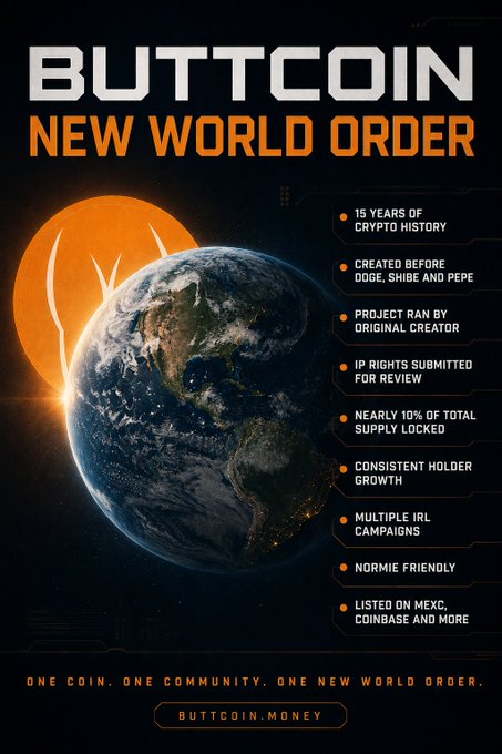 A promotional poster for "BUTTCOIN: NEW WORLD ORDER" featuring Earth set against a fiery orange sun, highlighting key stats like 15 years of crypto history, creation before DOGE/SHIBE/PEPE, and listings on MEXC and Coinbase, with the tagline "ONE COIN. ONE COMMUNITY. ONE NEW WORLD ORDER." and website BUTTCOIN.MONEY. The image visually reinforces the post's emphasis on Buttcoin's long-standing community-driven legacy as an original memecoin predating major competitors.