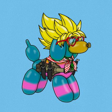 A colorful cartoon illustration of a yellow Super Saiyan-styled pony with spiky hair, red sunglasses, a pink striped scarf, and pink and blue striped hooves against a light blue background.