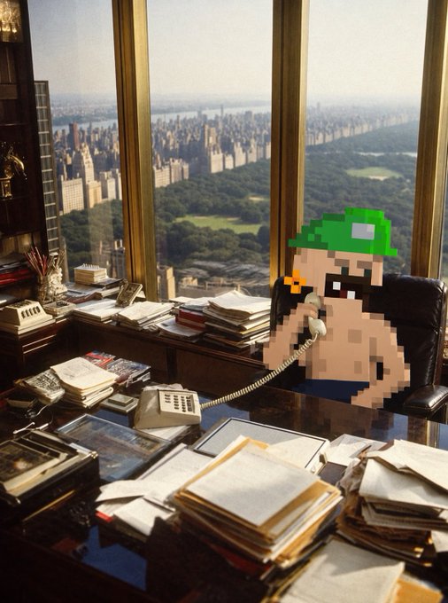 A pixel art nutcracker character wearing a green army helmet sitting in a leather chair at a cluttered office desk, holding a telephone receiver, with a view of Central Park and the NYC skyline through floor-to-ceiling windows.