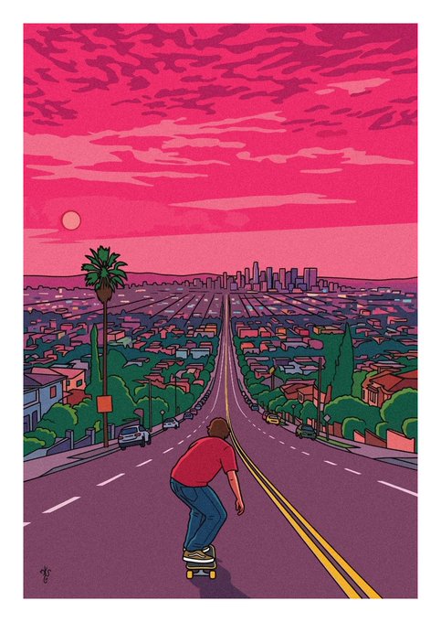 A stylized illustration showing a skateboarder in a red shirt riding down a long road toward a distant city skyline, set against a vivid pink and magenta sunset sky with palm trees lining the street.