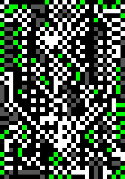 An abstract pixelated pattern featuring a mosaic of black, white, grey, and green squares.