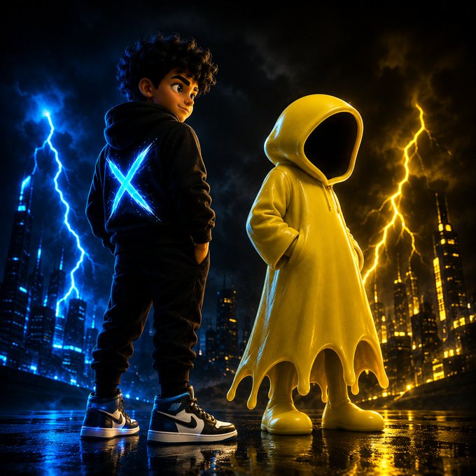 A stylized 3D digital illustration showing a boy in a black hoodie with a glowing blue X on the back standing next to a yellow hooded character in front of a stormy cityscape with lightning.