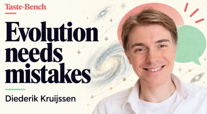 A promotional graphic for 'Taste·Bench' titled 'Evolution needs mistakes' by Diederik Kruijssen features a smiling man's portrait alongside a galaxy illustration and space-themed graphics.