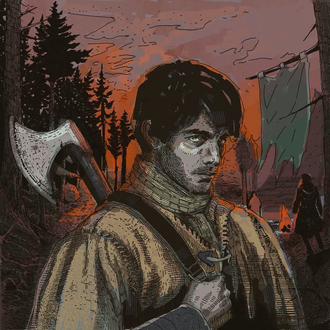 Stylized illustration of a man with an axe over his shoulder in a forest at sunset.