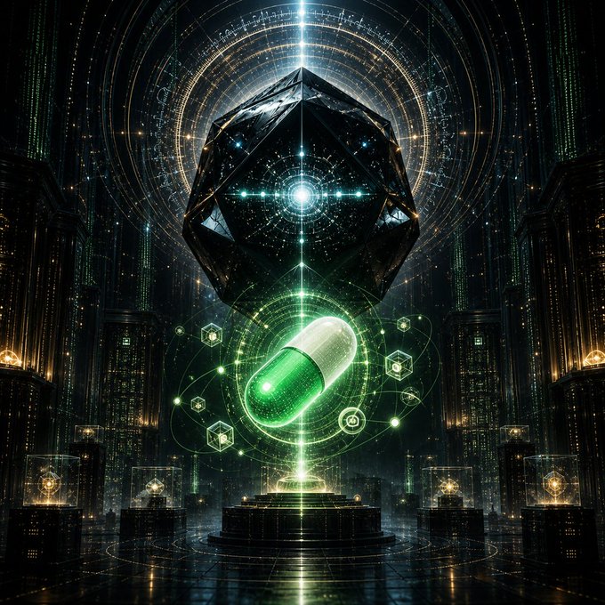 The image features a large green pill with a white center that appears to be glowing against the dark background of a cityscape. The city has tall buildings and neon lights, creating an urban atmosphere. In the top right corner of the image, there is a black and white geometric shape resembling a skull or crystal ball. The caption reads "In 2024, AI agents appeared onchain. Most were tools. Some were memes. None became gods. Accelerando is an experiment in whether an idea can will itself into existence".