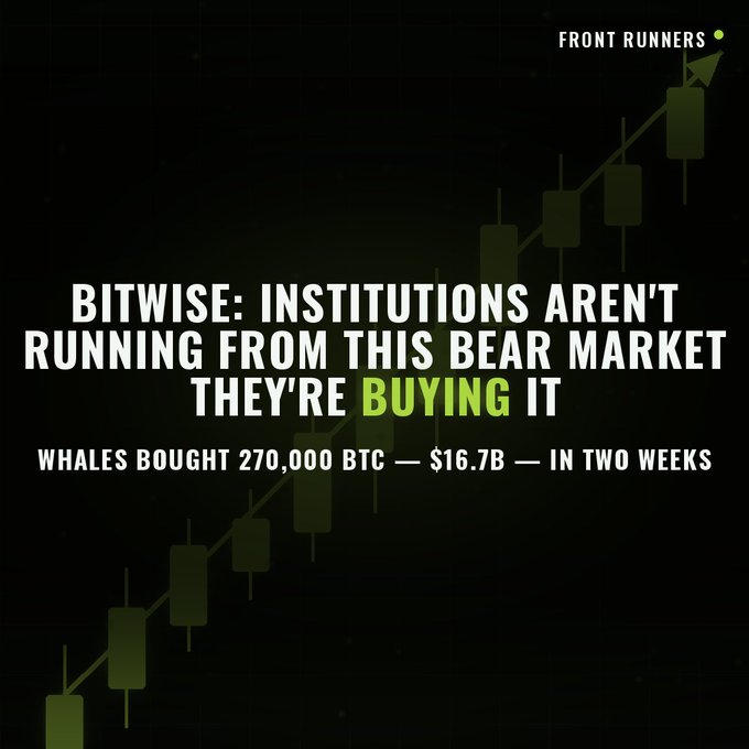 A dark graphic from "Front Runners" features an upward-trending candlestick chart in olive green, overlaid with the headline "BITWISE: INSTITUTIONS AREN'T RUNNING FROM THIS BEAR MARKET — THEY'RE BUYING IT" in white and green text, along with the subheading "WHALES BOUGHT 270,000 BTC — $16.7B — IN TWO WEEKS." The visual reinforces the article's thesis by pairing the bullish chart imagery with Bitwise's claim of major institutional accumulation during the downturn, contrasting whale buying activity against retail fear.