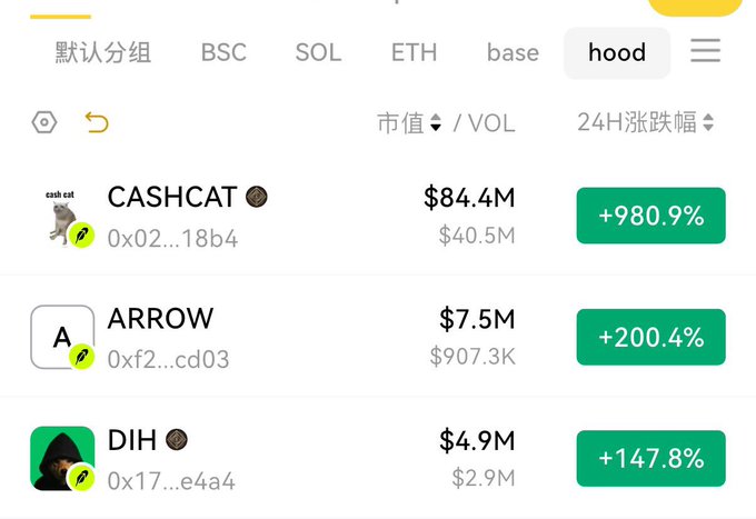 The image shows a cryptocurrency tracking interface filtering the "hood" group, displaying three tokens: CASHCAT ($84.4M market cap, +980.9%), ARROW ($7.5M, +200.4%), and DIH ($4.9M, +147.8%), all with significant 24-hour gains. This aligns with the post "Believe in the power of the leader" by showcasing top-performing "hood"-related tokens as a leaderboard of crypto gainers.