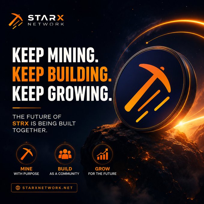 The image is a promotional graphic for StarX Network featuring a glowing orange pickaxe emblem on a dark cosmic backdrop, with the bold text "KEEP MINING. KEEP BUILDING. KEEP GROWING." alongside the tagline "THE FUTURE OF STRX IS BEING BUILD TOGETHER." and the URL starxnetwork.net.

The graphic ties into the post by visually reinforcing the post-halving "keep mining" message, using the pickaxe mining icon and the "MINE WITH PURPOSE" callout to emphasize that even after the STRX halving reduced the base mining rate, the project remains active and worth paying attention to during this quieter, building phase.