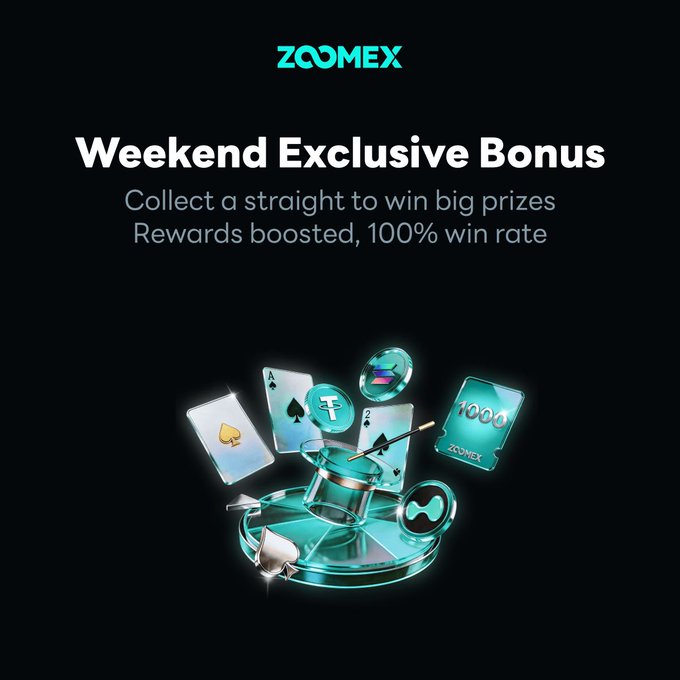 The image features a colorful graphic with four playing cards scattered across it - one black diamond card, two blue ones, a green top hat card, and another white card depicting an arrow pointing downwards. The text in the image promotes a weekend bonus on ZOOMEX Lucky Draw, offering players the chance to win big by collecting a straight five poker cards. This can be done in various ways such as depositing $100 or choosing to trade or check in for additional drawings.