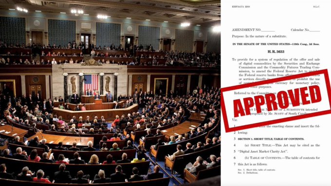 The image shows the US Senate interior juxtaposed with an "APPROVED" stamp over a document identified as H.R. 3633, potentially relating to the "Digital Asset Market Clarity Act" mentioned in the accompanying post.