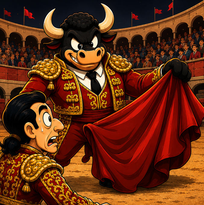 An AI-generated illustration of a cartoonish bull matador in a red and gold matador suit holding up a cape, looking menacingly at a frightened man in a bullring.