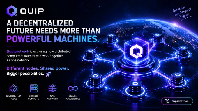 A promotional graphic for 'QUIP' (@quipnetwork) with the tagline 'A DECENTRALIZED FUTURE NEEDS MORE THAN POWERFUL MACHINES,' showing a network of interconnected glowing servers around Earth.