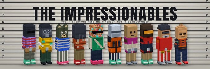 A Minecraft-style lineup of 11 blocky characters in prison/prisoner outfits in front of a height measurement background, titled 'THE IMPRESSIONABLES' with subtitle 'EVERYONE HERE HAS A REASON NOT TO BE RECOGNIZED'.