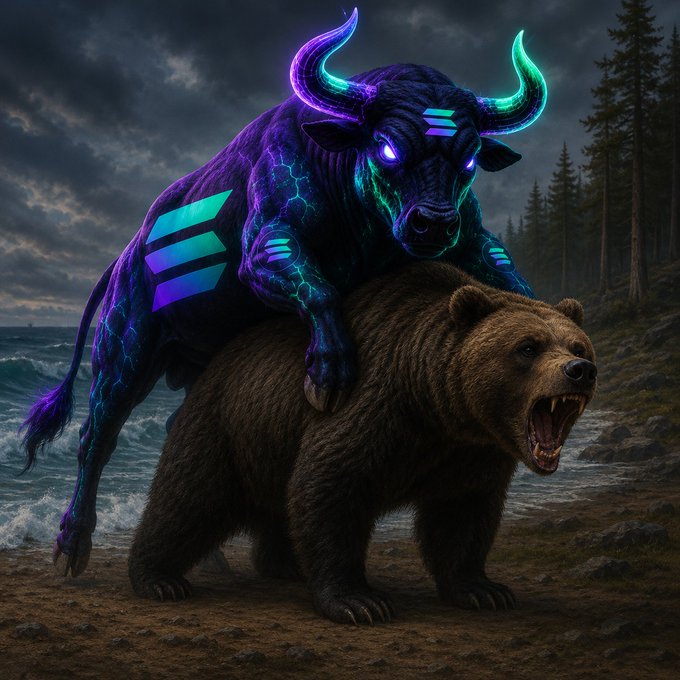 A neon-lit, glowing purple and teal bull is shown riding atop a snarling grizzly bear on a rocky shoreline. The image visually represents the post "HOLY SHIT! BEARS ARE FUCKED!" by symbolizing bullish dominance over bearish market forces.