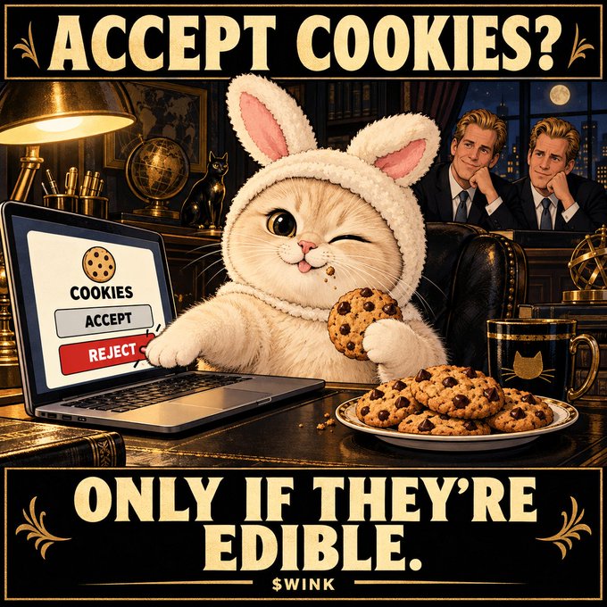 A humorous graphic features a cat in bunny ears holding a chocolate chip cookie in front of a laptop displaying 'COOKIES ACCEPT REJECT' buttons, with two suited men in the background and text reading 'ACCEPT COOKIES? ONLY IF THEY'RE EDIBLE. $WINK'.
