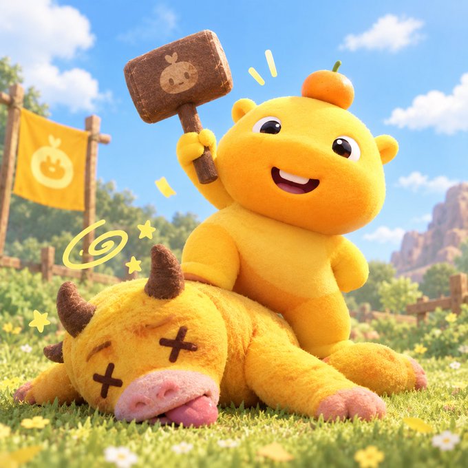 A 3D animated yellow creature holding a wooden mallet with an apple symbol, standing over a defeated yellow horned creature in a grassy field.