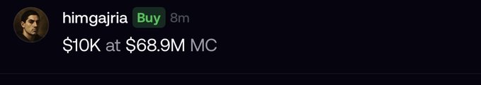 A user named "himgajria" is showing a "Buy" position of $10K at a $68.9M market cap, made 8 minutes ago, likely showcasing an early entry into the $BONER token referenced in the post as a study example.