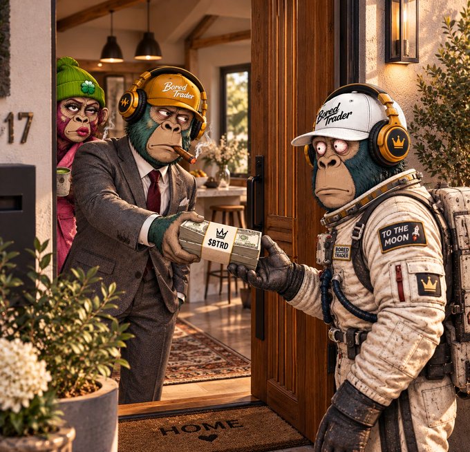 Two anthropomorphic gorillas are depicted at a doorway; one inside wears a suit and yellow 'Boxed Trader' cap while handing over a box labeled '$BTRD', as the other, in an astronaut suit and 'Boxed Trader' cap, receives the delivery.