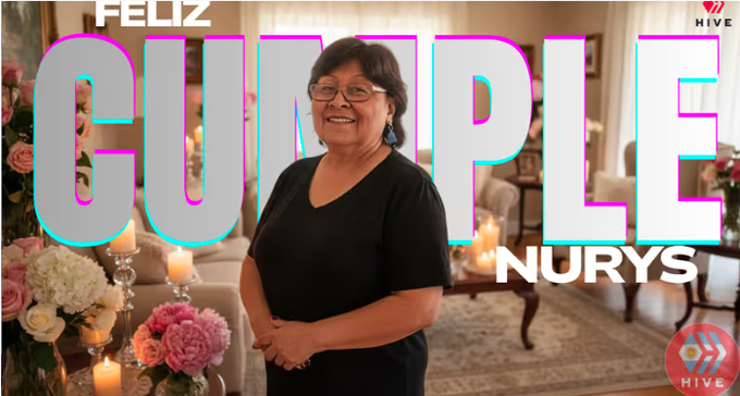 The image features a woman standing next to a couch with flowers on it. The background of the image has pink and blue text that reads "FELIZ CUMPLE NURY". The woman appears to be smiling, possibly posing for a photo or participating in an event related to the post.