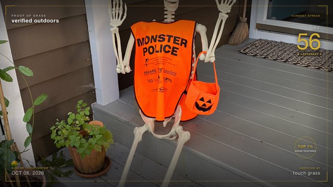 A skeleton sits on a porch wearing an orange 'MONSTER POLICE' Halloween vest with a matching pumpkin trick-or-treat bag, displayed on a live stream overlay showing 'verified outdoors' and 'DAY 56'.