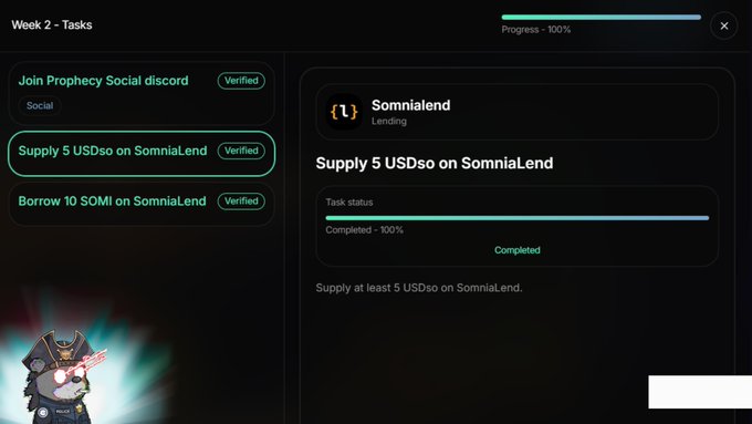 A task progress screen shows three verified tasks for 'Week 2 - Tasks', with the 'Supply 5 USDso on SomniaLend' task marked as 'Completed - 100%' and showing a progress bar.