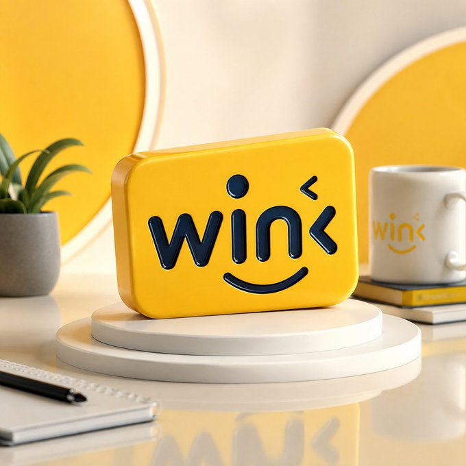 A glossy yellow plaque displaying the "WINk" logo with a playful smiley face design sits prominently on a white tiered platform, accompanied by a matching "WINk" branded mug and a notebook with pen, reinforcing the post's message about the WINkLink oracle's efficient and practical approach to delivering timely on-chain data without unnecessary updates.