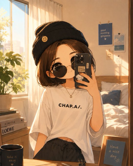 Anime-style illustration of a girl in a black beanie and sunglasses taking a mirror selfie, wearing a "CHAP.A/." t-shirt, with "good morning gorgeous" and "Have a nice day" notes pinned to the wall.