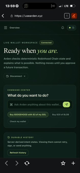 A screenshot of the usearden.xyz interface showing a connected Live Wallet Workspace with a Command Center featuring options like "Buy $DOGEHOOD with $3 of my SOL" and "Buy $20 of $BLOB," illustrating the tool that allows users to type natural language sentences to purchase either memecoins or tokenized stocks on Robinhood Chain via Solana.