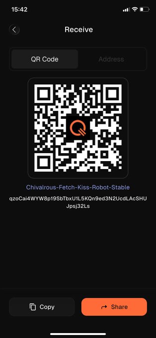 A screenshot of a cryptocurrency wallet's "Receive" screen displaying a QR code with the username "Chivalrous-Fetch-Kiss-Robot-Stable" and address "qzoCal4WYW8pt9SbTbxU1L5KQn9ed3N2UcdLacSHUJpsj32Ls," demonstrating the user-friendly interface of the Quantus Network testnet wallet referenced in the post.