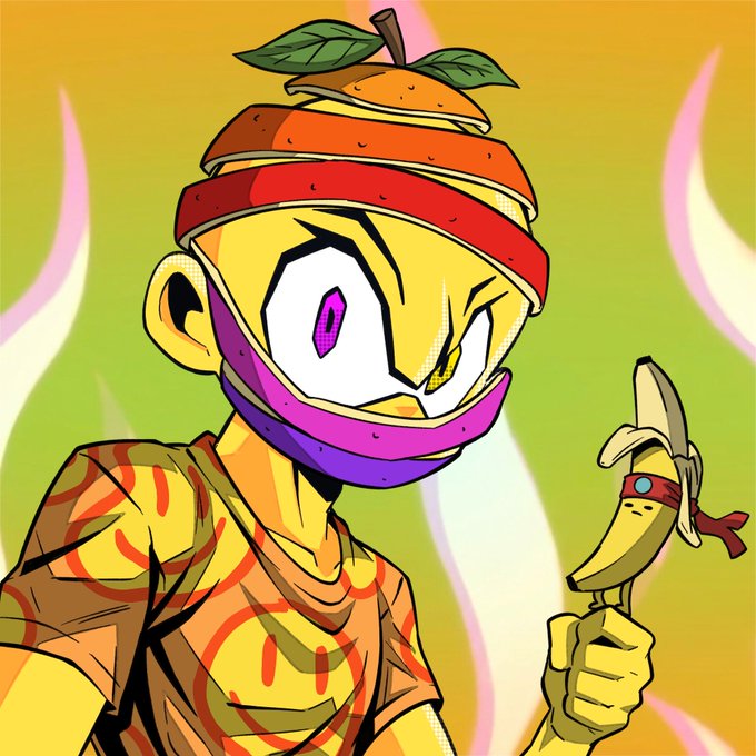 The image features a cartoon character wearing an orange hat, holding a banana peel over their head as if they are about to eat it or use it for some other purpose. The background of the image is green with white flames, giving it a vibrant and energetic feel. The caption below the image reads "My Funkari just got TURC’d. Want to thank the @TurcNFT team for the 1/1. TURC is bringing deep-sea energy mixed with raw street art."