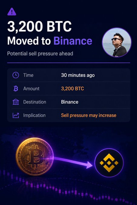 A graphic alert stating '3,200 BTC Moved to Binance - Potential sell pressure ahead', detailing the transaction time and destination, accompanied by an image of a man wearing sunglasses.